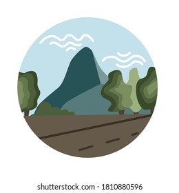 Round emblem on the theme of travel. High mountains, forest, road. Idea for a logo, sign, emblem, icon. Vector image isolated on white background.