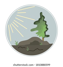 Round emblem on the theme of travel. Lonely tree on the mountain in the sun. Idea for a logo, sign, emblem, icon. Vector image isolated on white background.