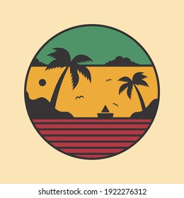 Round Emblem With Palm Trees On A Beach. Rastafarian Flag Vector Illustration. Reggae Emblem With Beach Background.