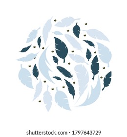Round emblem with pastel feathers on white background. Weding card design