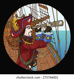 Round emblem with pirate captain wearing red hat and camisole watching long glass on ships deck, hand drawn illustration