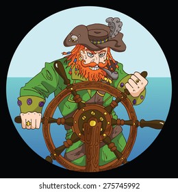 Round emblem with red beard pirate captain standing behind steering wheel on sea background, hand drawn illustration