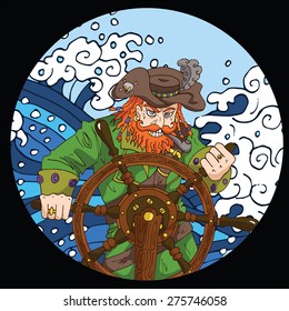 Round emblem with red beard pirate captain standing behind steering wheel in storm, hand drawn illustration