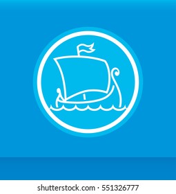 Round Emblem with Scandinavian Drakkar isolated on blue background. Vector Logo for Historical of Travel Company.