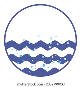 Round emblem with sea waves and air bubbles in water. Ocean waves for nautical logo design. Neptunian symbol for t-shirt marine prints and other uses. Sea cruise, sailing travel or navigation theme.