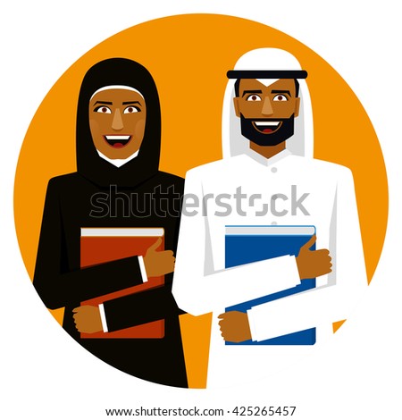 Round emblem. Smiling arab students. Woman and man with books.
