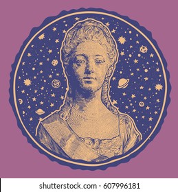 Round Emblem With Statue Of The Princess Against The Background The Night Sky. Hand Drawn Decorative Design Element In Engraving Style. Vector Illustration.