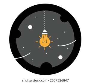 Round Emblem or Sticker with Flat Style Light Bulb on Black. Technology, electricity and bright idea generation vector art