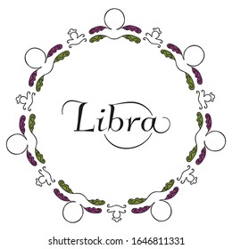 Round emblem symbolizing the zodiac sign Libra with an inscription in the center on a white background. Hand-drawn astrological banner, design element for postcards, blog, web, graphic design. Vector.