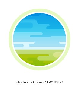 Round Emblem Template with Rural Landscape of Green Field under Sunny Daily Sky. Vector Illustration in Flat style isolated on white background.