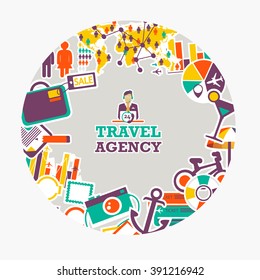 Round emblem of travel agency. Traveling everywhere and anytime.