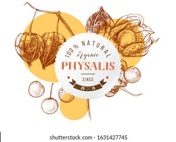 Round emblem with type design over hand drawn physalis branches and berries. Superfood. Vector illustration