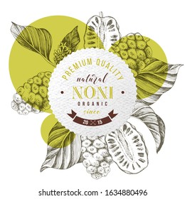 Round emblem with type design over hand drawn noni branches. Superfood. Vector illustration