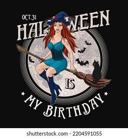Emblema redondo con bruja joven y hermosa volando sobre palo de herradura, silueta de gato, murciélagos, luna llena detrás, texto Halloween es mi cumpleaños. Ilustración colorida de estilo vintage.