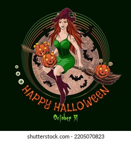 Round emblem with young beautiful witch flying on broomstick, pumpkins like little kids, eyesballs, silhouette of bats, full red moon behind, text Happy Halloween Color illustration in vintage style