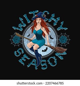Round emblem with young beautiful witch flying on broomstick, roses, spiderweb, full blue moon behind, lacy text Witchy season. Colorful illustration in vintage style.