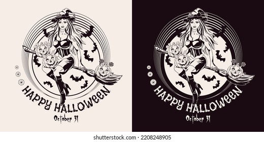 Round emblem with young beautiful witch flying on broomstick, pumpkins like little kids, eyesballs, silhouette of bats, full red moon behind, text Happy Halloween Monochrome illustration