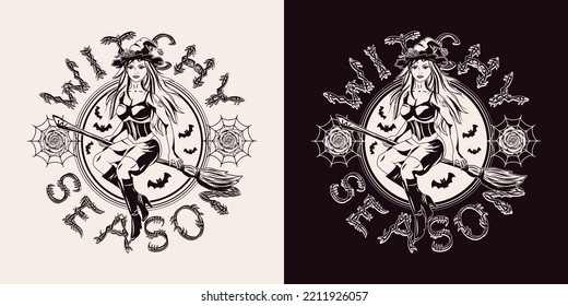 Rund Emblem mit jungen schönen Hexen fliegen auf Besenstiel, Rosen, Spinnennetz, Vollmond hinter, leckerer Text Witchy Jahreszeit. Monochromel-Illustration im Vintage-Stil.