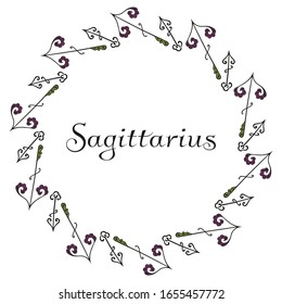 Round emblem of the zodiac sign Sagittarius. Antique hand-drawn arrows arranged in a circle and the name in the center. Mystical zodiacal symbolism. Vector.