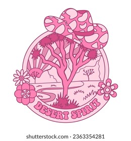 Round embleme concept with typographic text Desert spirit and cowgirl hat. Landscape with Sunset. Pink T-shirt design of wild side. Vintage vector illustration.