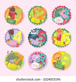 Round emblems with numbers from 1 to 9 and different animals. Bear, giraffe, crocodile, kitten, panda, fox, bunny, elephant, lion. Flat vector for education card or math book