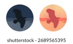 Round emblems with a silhouette of an eagle flying over a lake. Vector illustration