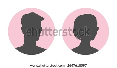 Round emblems with silhouette of a half turned man and woman in eyeglasses. Vector illustration