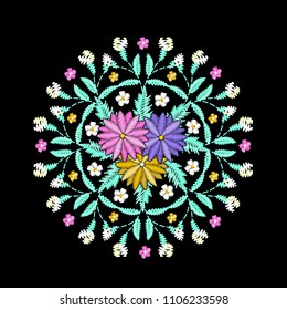 Round embroidered decorative composition. Needlework illustration. Daisy flower motive. EPS 10 vector embroidery fashion design template.
