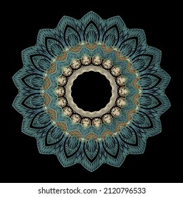 Round embroidery floral mandala pattern. Colorful lace tapestry ornaments. Decorative textured background. Embroidered lacy zig zag ornament. Grunge shapes, circles, frames, flowers. Zigzag lines.
