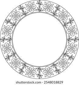 Round embroidery pattern framework. Flower and chinese bamboo elements frame. Black outline vector