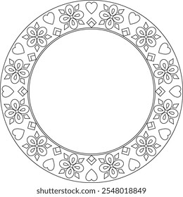 Round embroidery pattern framework. Flower and hearts elements frame. Black outline vector