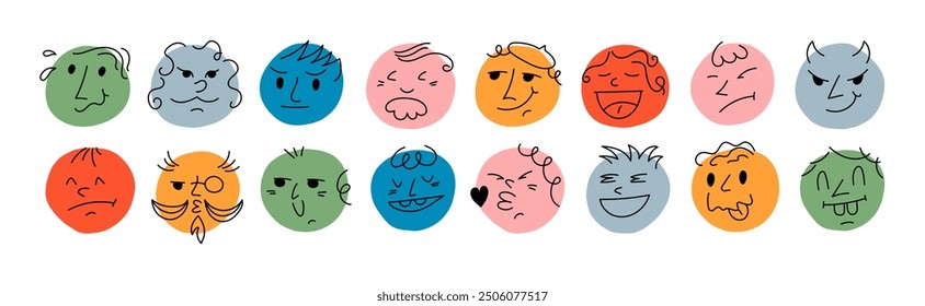 Round emoji comic faces with various Emotions. Cartoon style. Flat design. Hand drawn abstract trendy Vector illustration. Different colorful characters.