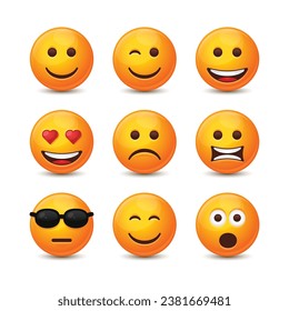 Round Emoji Icons Set. Yellow Smile on White Background. Vector