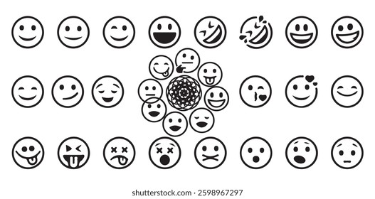 Round emoji vector icons set. Different type of  funny faces for different mood and emotions expression. Vector illustration EPS 10
