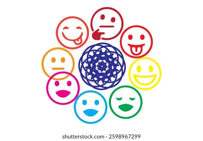 Round emoji vector icons set. Different type of  funny faces for different mood and emotions expression. Vector illustration EPS 10