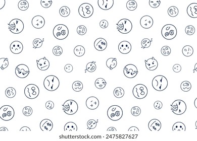 Round emoticons drawn with a brush, pattern on a white background. Abstract sketch of a happy face. Seamless pattern. Vector illustration. Black is white.