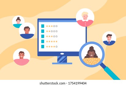 Round employee avatars, monitor displays candidate ratings with gold stars. Magnifying glass focused on african american woman. Colorful background. Resume review, CV assessment. Vector illustration.