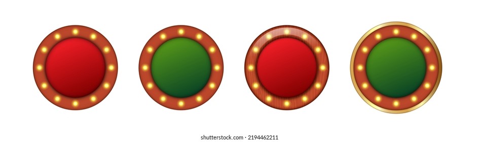 Round empty background for casino. Empty background for placing elements on the theme of the casino. Red and green luxury background with a brown wooden frame and light bulbs in a circle.