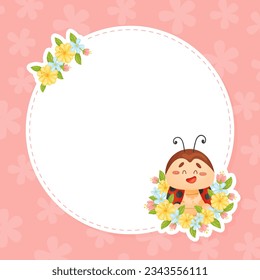Round Empty Card with Cute Ladybird with Spotted Wings Vector Template