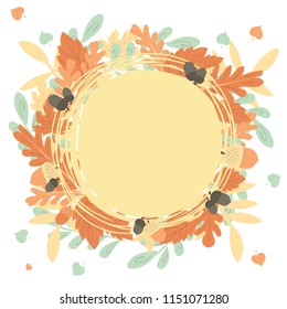 The round empty frame is decorated with autumn leaves and acorns. The theme of autumn. Blank for postcards.