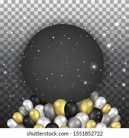 Round empty frame with realistic elegant balloons with tinsel and bokeh decoration , luxury concept for web and print, golden black and silver colors