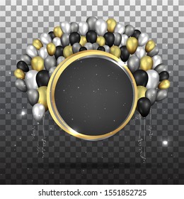 Round empty frame with realistic elegant balloons with tinsel and bokeh decoration , luxury concept for web and print, golden black and silver colors