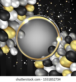 Round empty frame with realistic elegant balloons with tinsel and bokeh decoration , luxury concept for web and print, golden black and silver colors