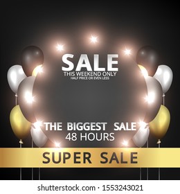 Round empty frame with realistic elegant balloons with tinsel and bokeh decoration , luxury concept for web and print, golden black and silver colors