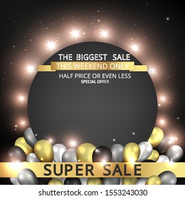 Round empty frame with realistic elegant balloons with tinsel and bokeh decoration , luxury concept for web and print, golden black and silver colors