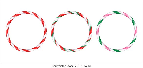 Round empty frames in the form of Christmas candy cane stripes, red-green-white. Holiday banner xmas . Vector illustration isolated, on white background