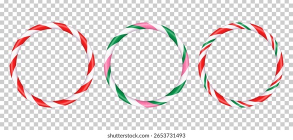Round empty frames in the form of Christmas candy striped cane, place for text. Holiday banner xmas . Vector illustration isolated, on white background