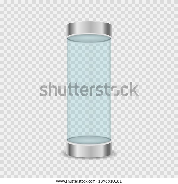 Round empty glass showcase\
for exhibition with a pedestal. Transparent crystal cube and\
cylinder empty showcases. Glass box cylinder. Vector illustration,\
eps 10.