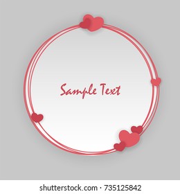 Round empty greeting card Valentines Day holiday. Vintage romantic origami paper heart shape long shadow frame. Retro border Valentine's love design. Mock up material soft template backdrop.