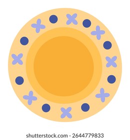 Round empty plate with floral decoration is ready for serving food, top view of a yellow plate with purple flowers and blue dots on white background